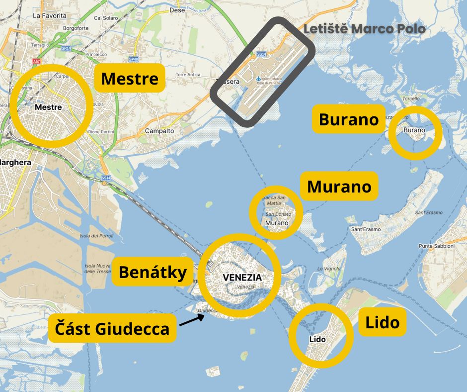 Benátky na prodloužený víkend - mapa kde se ubytovat