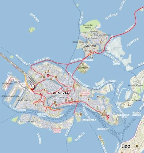 Mapa hotového itineráře po Benátkách