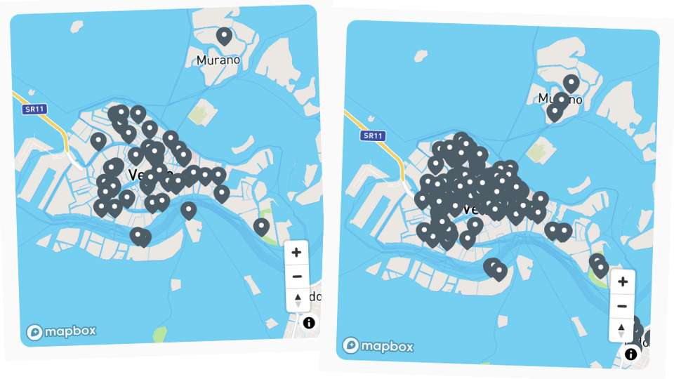 Ukázka map památek a restaurací v aplikaci Průvodce po Benátkách