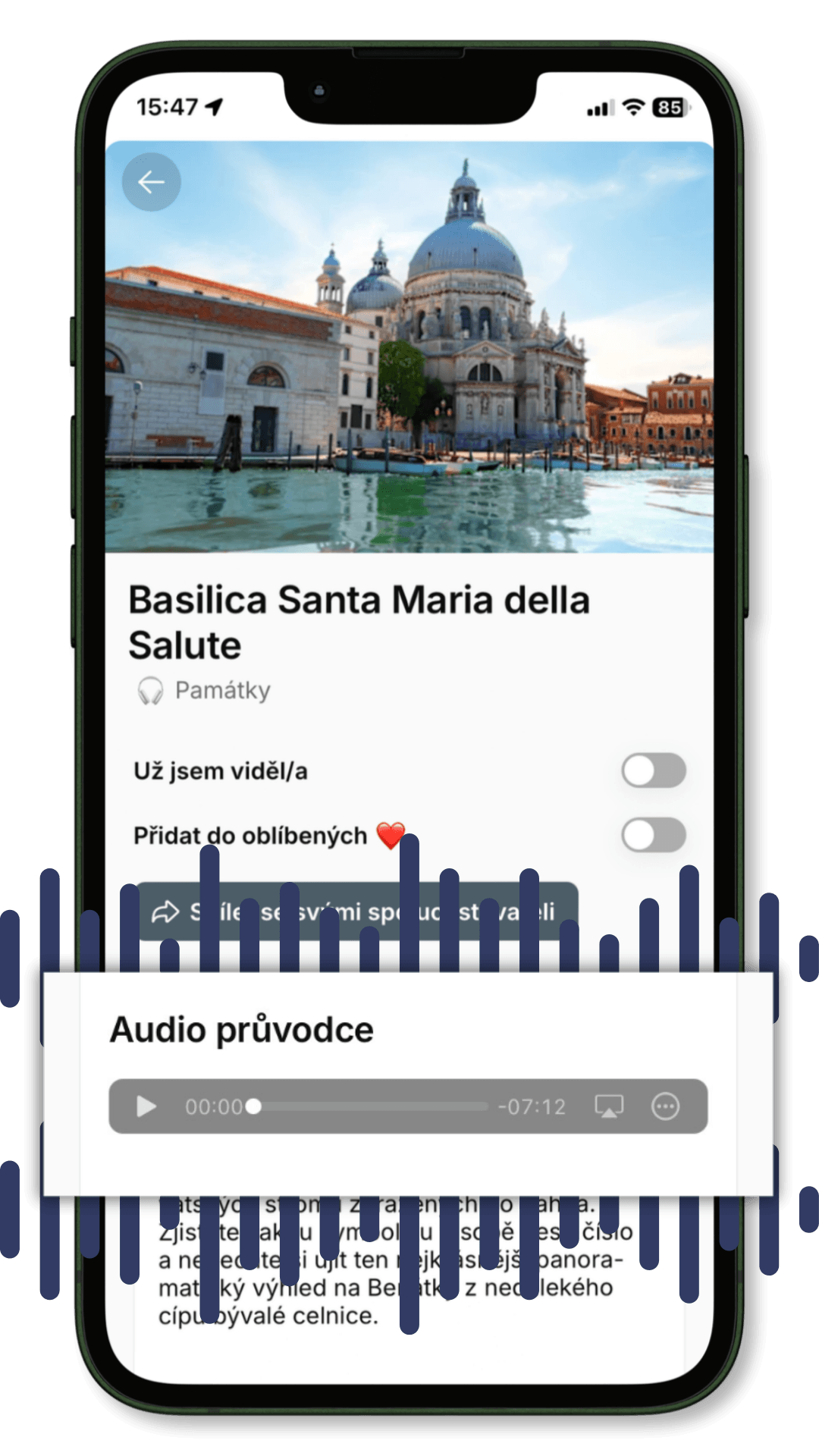 Skutečná ukázka aplikace s českým audiem u baziliky Santa Maria della Salute