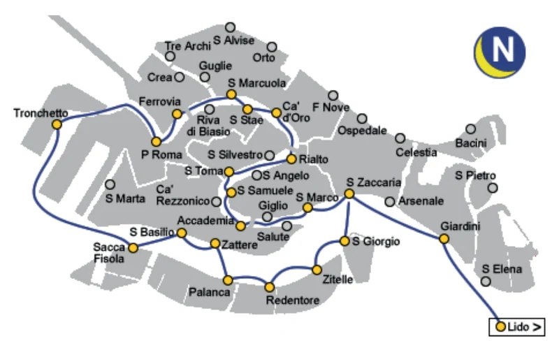 Skutečná mapa noční linky vaporetta z dopravních materiálů