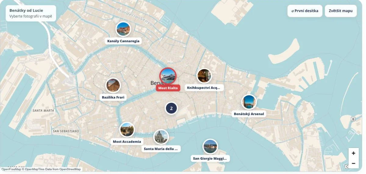 Benátky mapa: fotografický přehled vybraných památek a míst