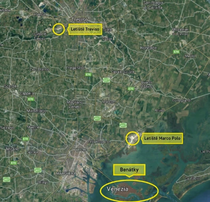 Mapa polohy letišť Marco Polo a Treviso vůči Benátkám a Mestre
