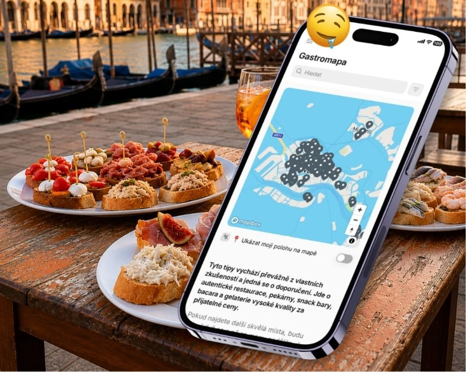 Gastro mapa Benátek v telefonu s ukázkami jídla a posezení u kanálu