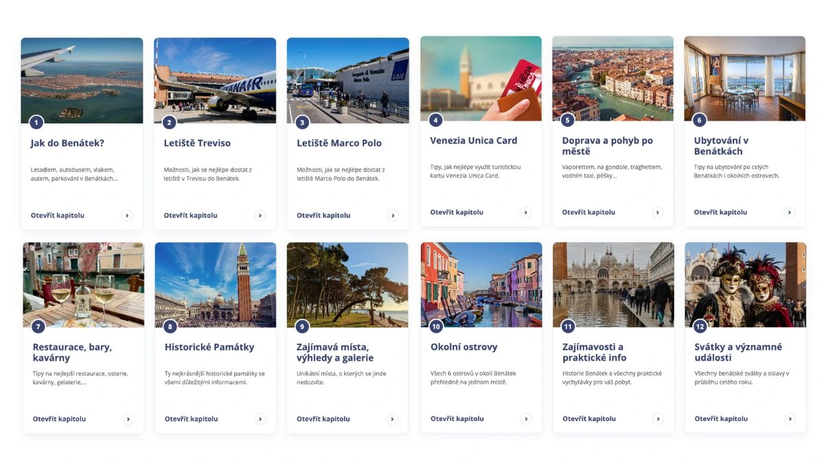 Přehled kapitol online průvodce po Benátkách na webu