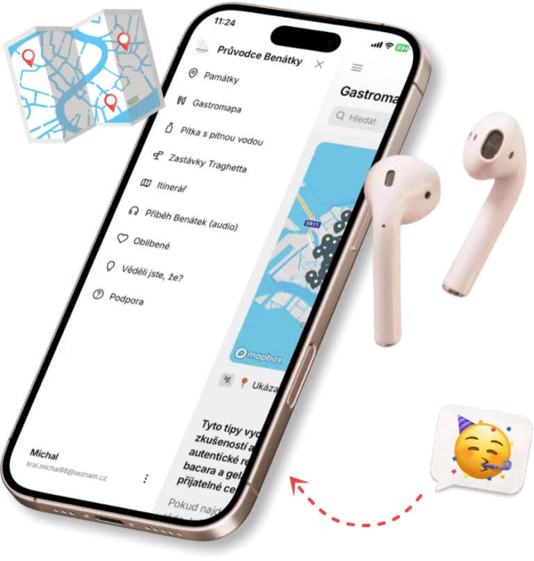 Telefon s průvodcem, mapou a sluchátky Telefon s průvodcem, mapou a sluchátky