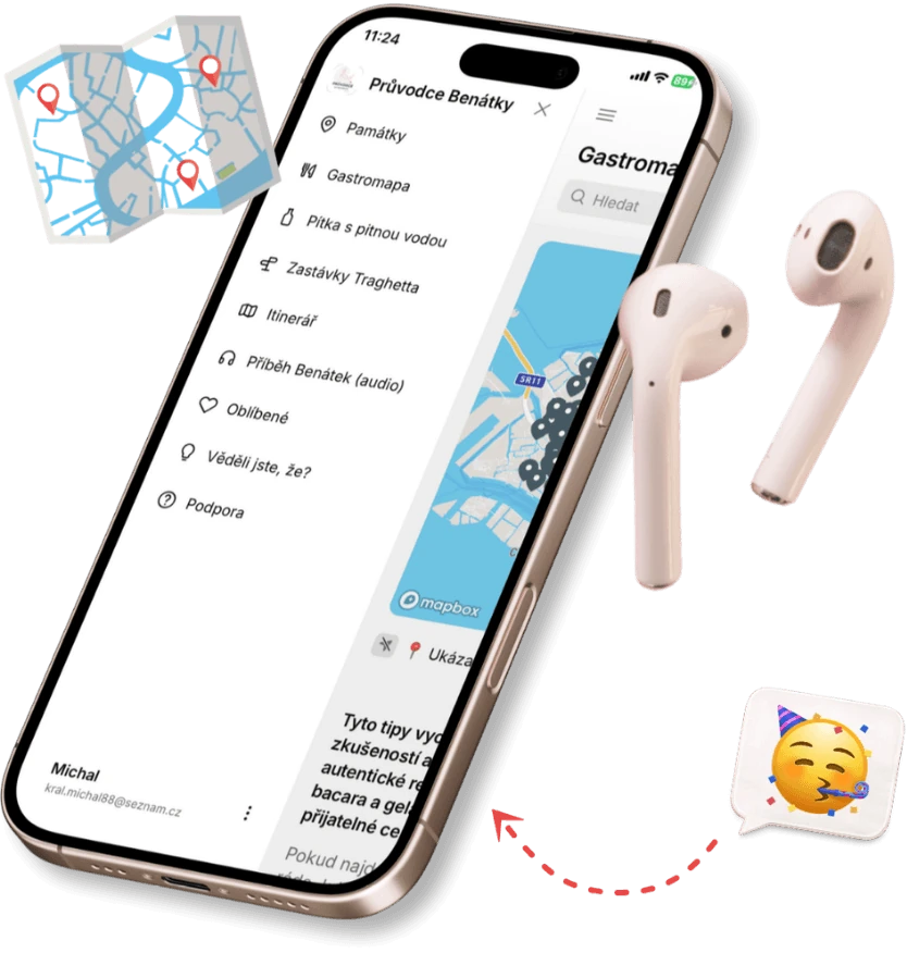Telefon s průvodcem, mapou a sluchátky