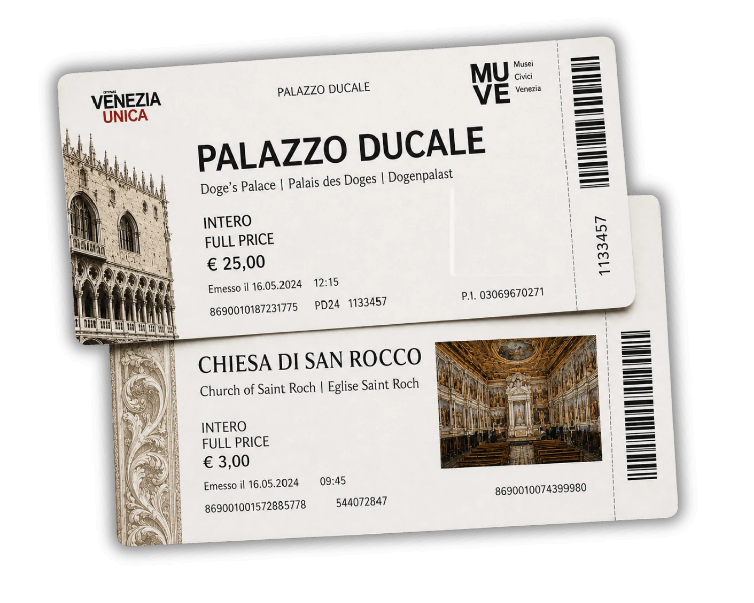 Ukázka vstupenek do Dóžecího paláce a kostela San Rocco