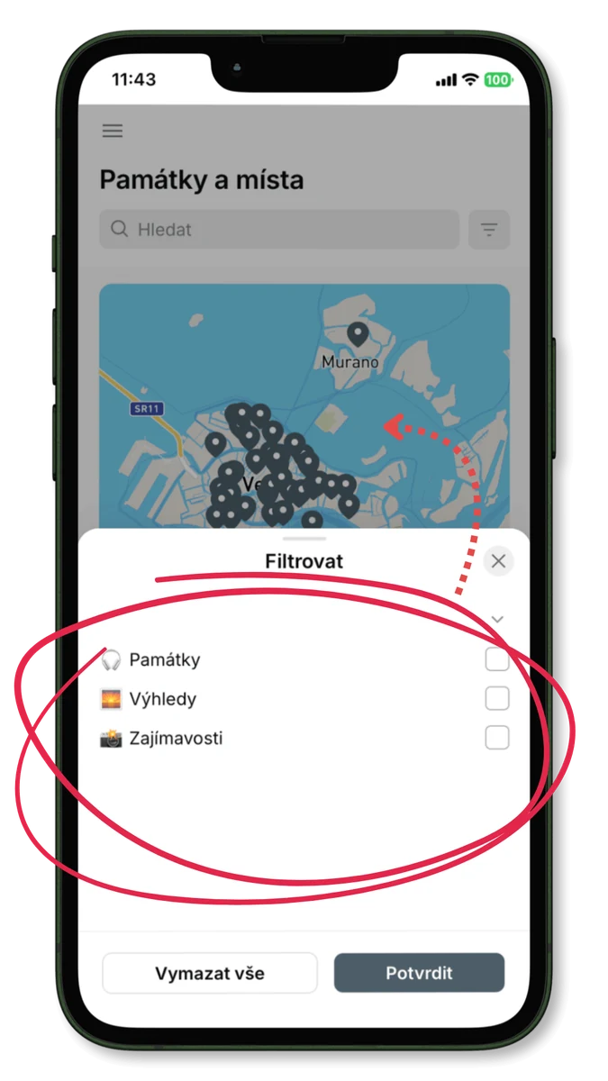Interaktivní mapa památek a výhledů v aplikaci Průvodce Benátky