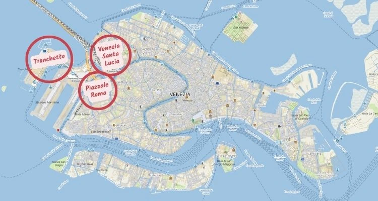 Mapa cílových zastávek transferů z letiště Treviso v Benátkách: Tronchetto, Piazzale Roma a nádraží Venezia Santa Lucia